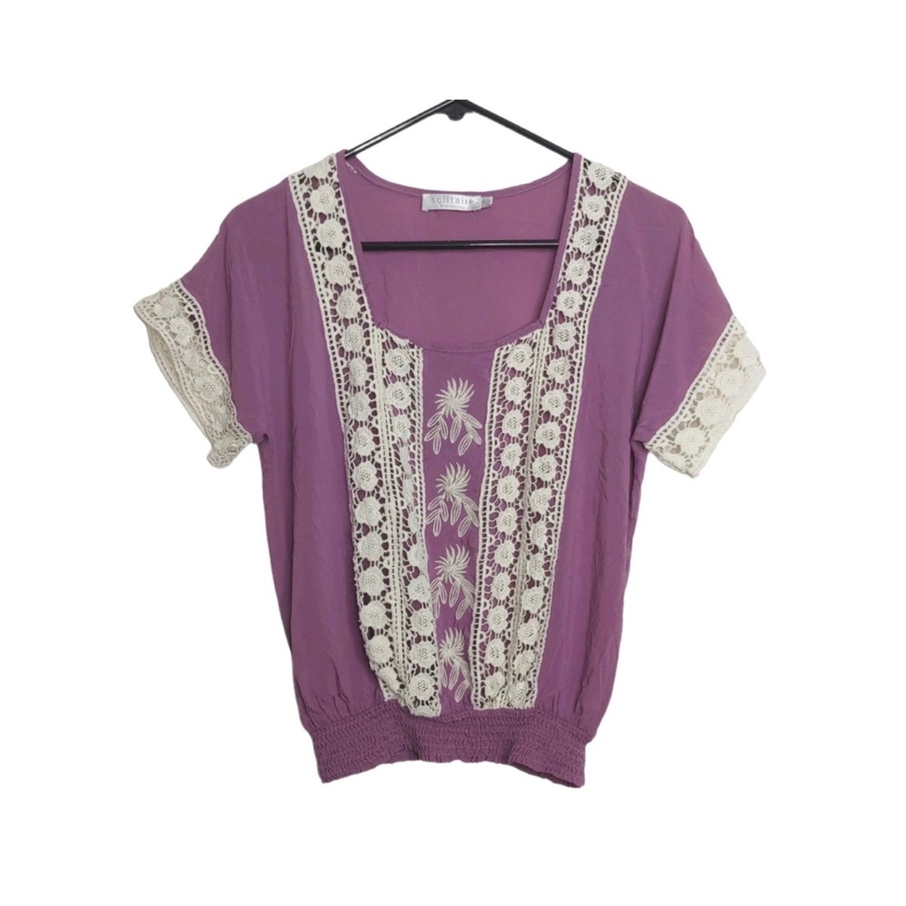 Solitaire by Ravi Khosla Purple Crochet Lace Embroidered Smocked Boho Blouse Top